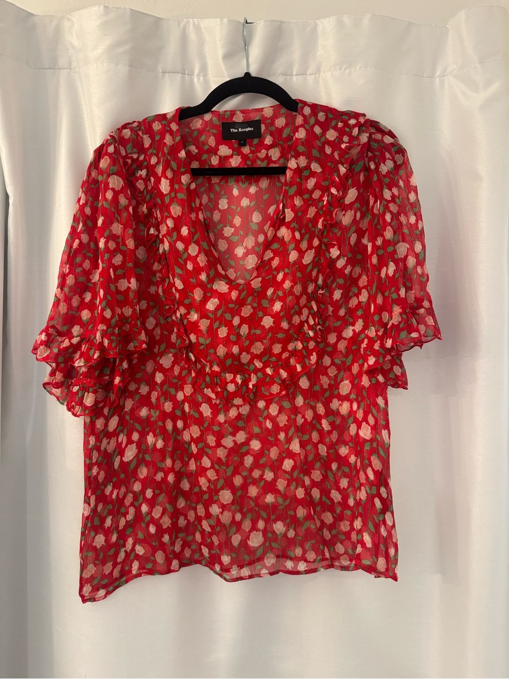 The Kooples Red Floral Ruffle V-Neck Blouse